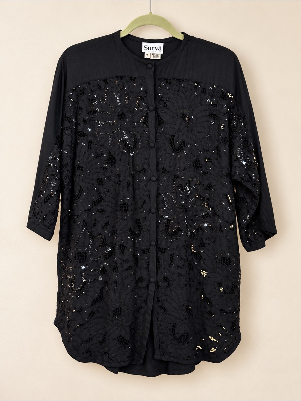 Vintage 90s Surya Black Sequin Lace Cutwork Tunic Blouse Size M